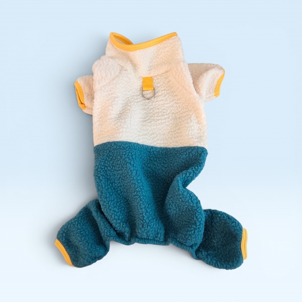 Two Tone Sherpa Fleece Dog Pajamas Teal Cream Pet Onesie with D-Ring Size Small - Picture 7 of 9